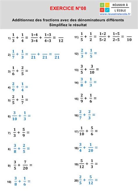 Additions de fractions 11 exercices à imprimer gratuitement