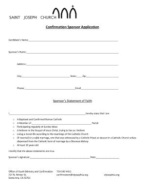 Fillable Online Stjosephsa Confirmation Sponsor Application