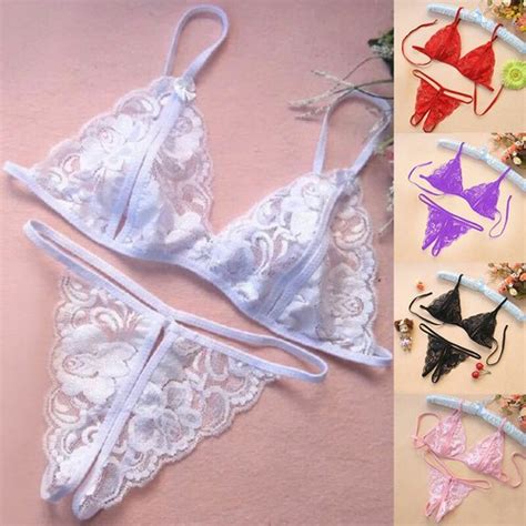 Womens Sexy Lingerie Lace Bra Crotchless Thong Underwear Set Nightwear