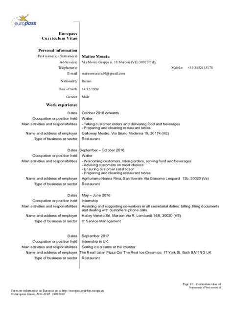 Fillable Online Europass Curriculum Vitae Personal Information Fax