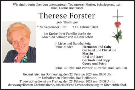 Traueranzeigen Von Therese Forster Trauer Merkur De