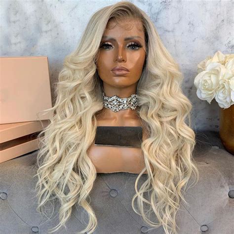 Full Lace Human Hair Wigs Remy Density Brazilian Ombre Highlight Platinum Blonde Wavy
