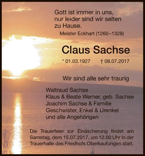 Traueranzeigen Von Claus Sachse Trauer HNA De