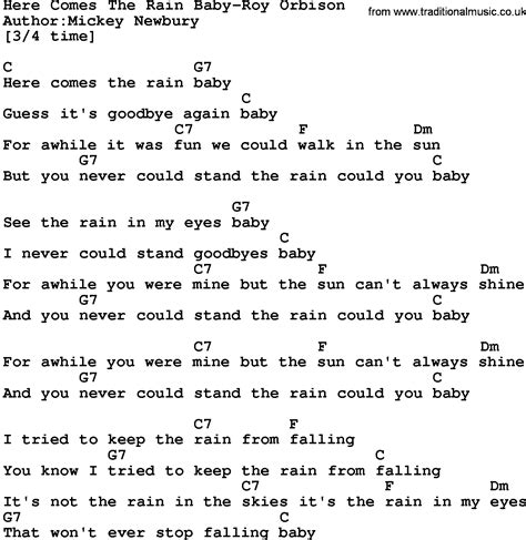 Country Music Here Comes The Rain Baby Roy Orbison Lyrics And Chords