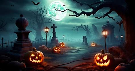 Premium Ai Image Pumpkins In Graveyard In The Spooky Night Halloween