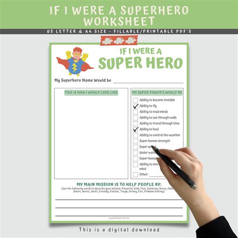 Self Esteem Fillable Worksheet If I Were A Superhero Pdf Etsy