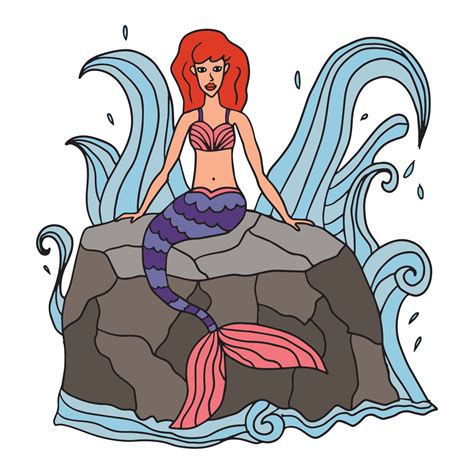 Sirena De Dibujos Animados Lindo Sentado En La Roca En El Mar En Estilo