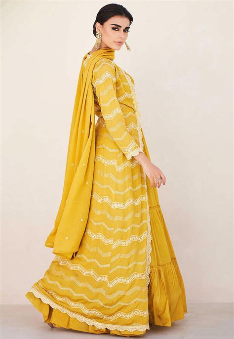 Embroidered Chinon Chiffon Abaya Style Suit In Mustard KCH12172