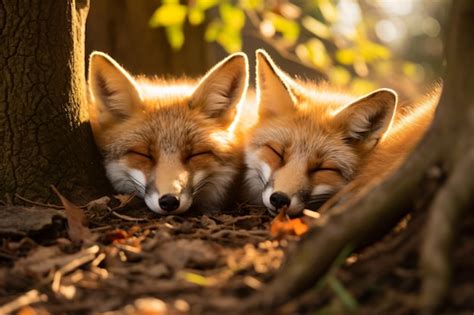 Premium AI Image | two foxes are sleeping next to a tree