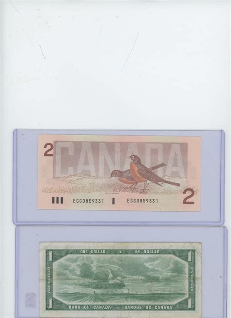 1-1954 Canadian $1 Bill & 1-1986 Canadian $2 Bill