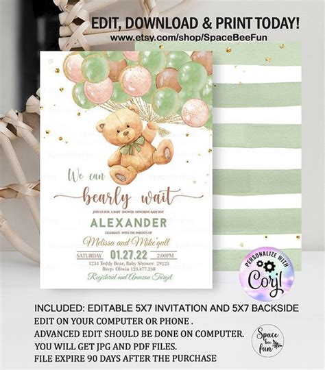 Editable Teddy Bear Baby Shower Invitation Green We Can Bearly Wait Boy Sage Hot Air Balloon