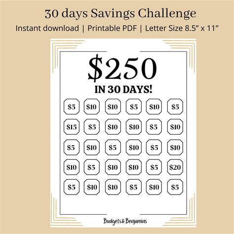 Saving Money Challenge Printable Save 250 In 30 Days Etsy