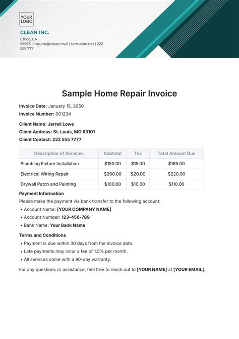 Free Sample Home Repair Invoice Template to Edit Online 