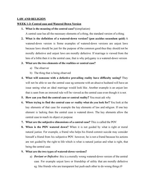 LAW AND Religion - LAW AND RELIGION WEEK 1-3: Central case and Watered