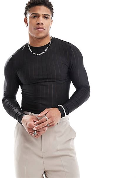 Asos Design Muscle Fit Long Sleeve T Shirt In Striped Mesh Asos