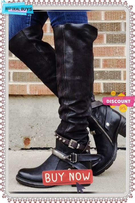 Vintage Rivet Buckle Zipper Chunky Heel Boots In 2024 Womens Boots