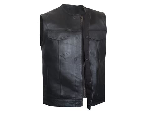 Mens Motorcycle Naked Leather Low Collared Vest Concealed Carry Pockets Austin Leather