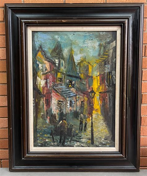 Vintage 1960s French Village Landscape Painting Mid Century Modern Art