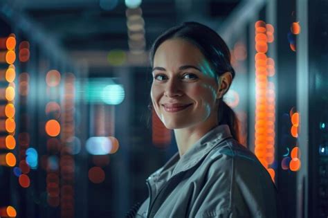 Premium Photo Portrait Of Smiling Female Technician In Server Room