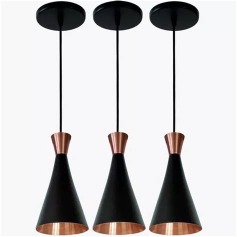 Trio Pendente Cone Preto Cobre Bancada Canada Gourmet