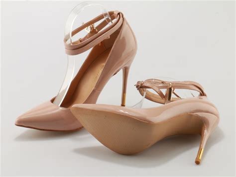 Pointed Toe Nude Patent Leather Ankle Strap Pumps Gold Lock Design Cm High Heels Formal Dress