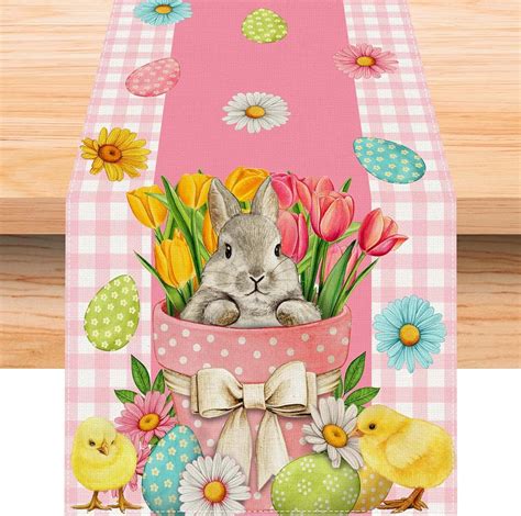 Rdsfhsp Linen Pink And White Buffalo Check Plaid Easter Table Runner