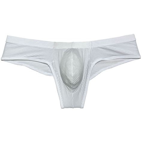 Botmois Men Stripe Thin Ice Silk Bikini Briefs Panties Enhance Pouch Underwear Underpants White