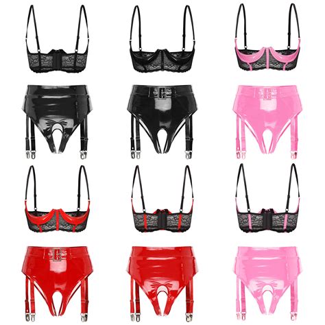 Women Nightwear Glitter Lingerie Lace Underwear With Garter Belt Clubwear Pvc Ebay