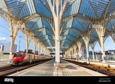 Train in Lisbon Lisboa Oriente station in Portugal modern railroad ...