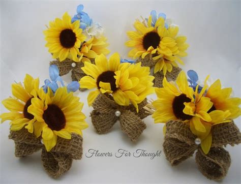 Rustic Sunflower Burlap Corsages Yellow Blue Silk Flowers Spring