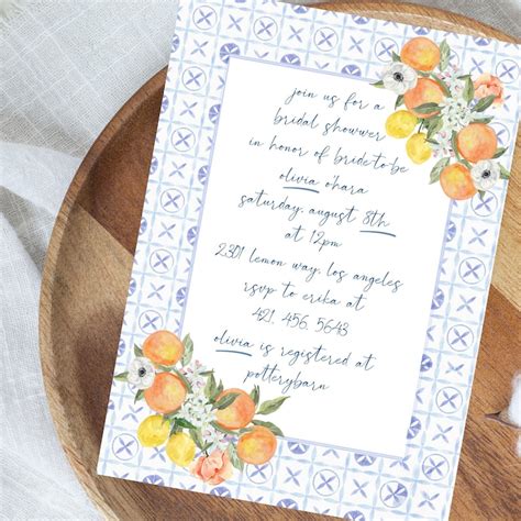 Amalfi Coast Bridal Shower Invite Lemons Citrus Blue Tile Almalfi