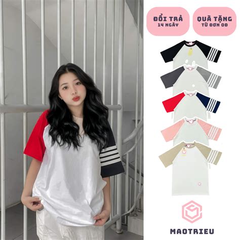 Áo thun nữ THOM phối vạch vải cotton khô form rộng cổ tròn in hình phong cách streetwear hot