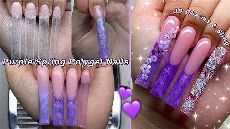 GLITTER PURPLE SPRING POLYGEL NAILS HOW TO FRNECH TIP 3D CHARMS