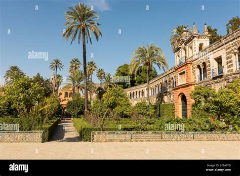 The gardens in the Alcazar of Seville, or Alcazar Palace in Seville ...