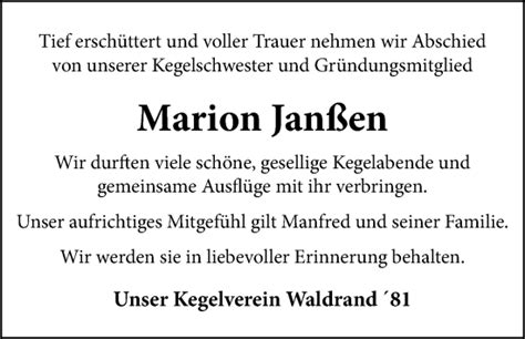 Traueranzeigen von Marion Janßen nordwest trauer de