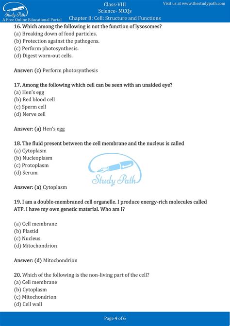 Class 8 Science Chapter 8 Cell Structure And Functions MCQ With Answers