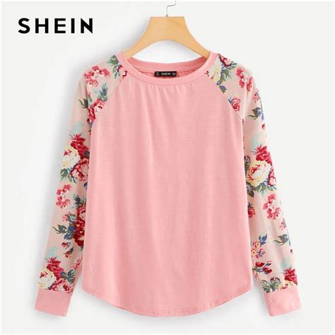 Buy Shein Pink Floral Raglan Sleeve Curved Hem Top