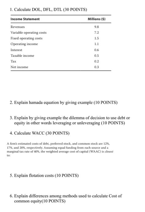 Solved Calculate Dol Dfl Dtl Points Income Chegg