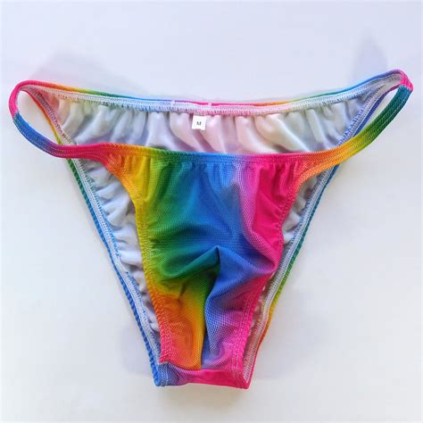 Mens String Bikini String Narrow Waist Body Posing Rainbow Color Printed L