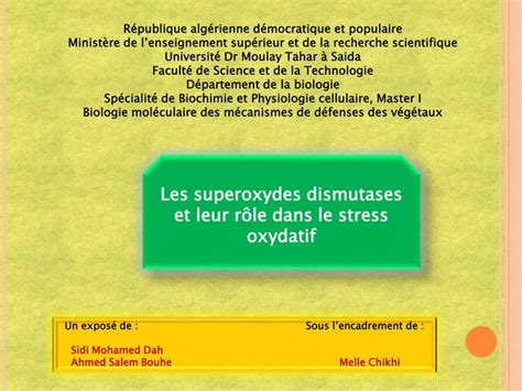 Les Superoxydes Dismutases Et Leur R Le Dans Le Stress Oxydatif Ppt