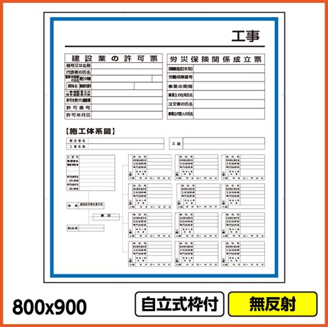 工事看板 「建設一体型標識 建設業の許可票労災施工体系図」 800x900 無反射 自立式枠付 19角付 工事看板ドットコム