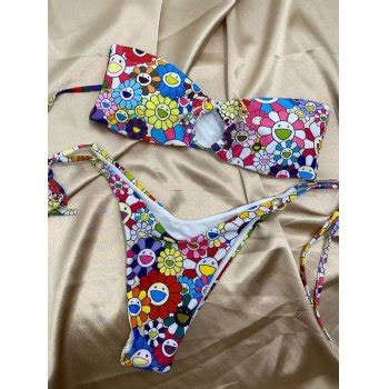 Emmiol Free Shipping Sunflower Print Bandeau Bikini Set Blue S In Bikini Sets Online Store