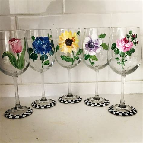 Hand Painted Flower Wine Glasses Etsy