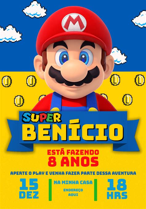 Convite aniversário Super Mario Bros World Edite grátis nosso