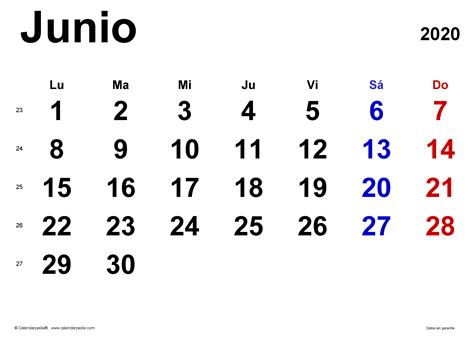 Calendario Junio 2020 En Word Excel Y Pdf Calendarpedia