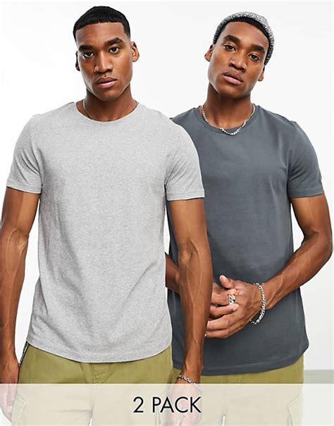 Asos Design 2 Pack T Shirts Crew Neck T Shirt In Charcoal And Grey Marl