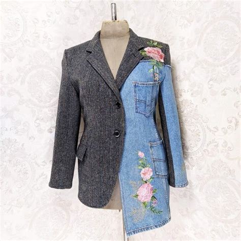 Upcycled Wool And Denim Combined Womens Blazer Embroidered Etsy In