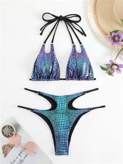 SHEIN SHEIN Swim SXY Crocodile Print Halter Triangle Bikini Swimsuit