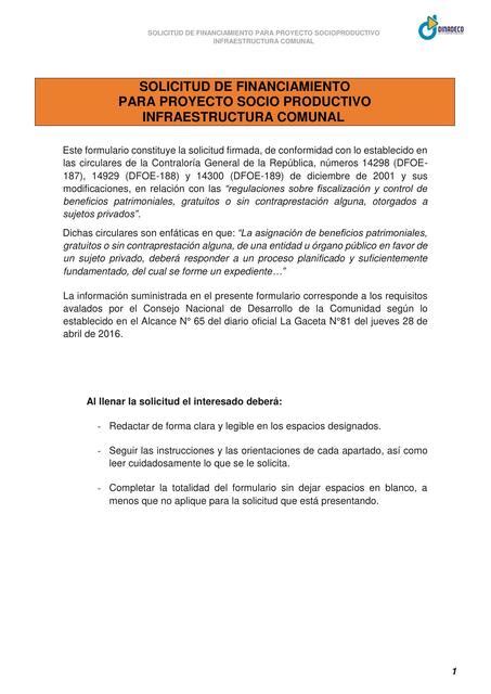 Solicitud De Financiamiento Para Proyecto Socio Productivo