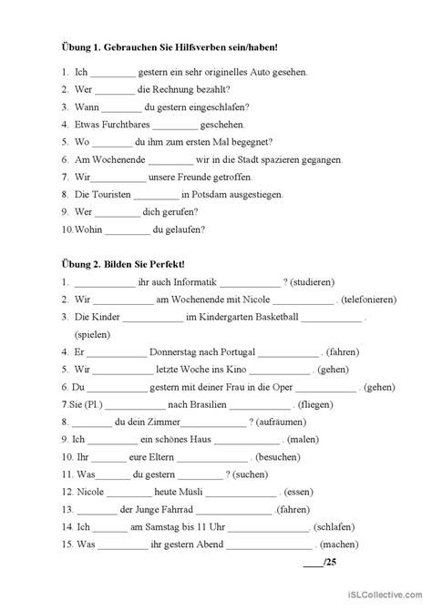 Perfekt Übung allgemein English ESL worksheets pdf doc